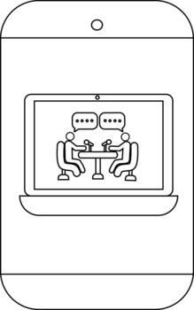 Phone displays a laptops screen with two figures conversing at a table with speech bubbles above vector