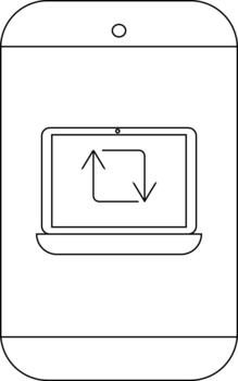 A line drawing of a cell phone displaying a laptop icon with two arrows vector