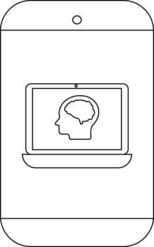 A line drawing depicts a laptop on a smartphone screen displaying a brain profile vector