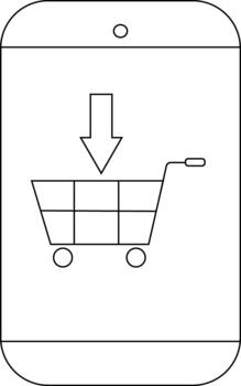 Outlined shopping cart icon within a smartphone arrow pointing down vector