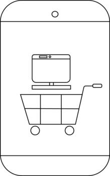 Outlined smartphone displays a computer in a shopping cart signifying online shopping vector