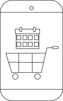 Line drawing of a phone screen displaying a calendar above a shopping cart vector