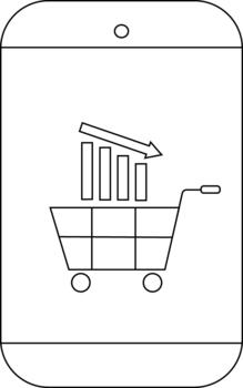 A smartphone displays a shopping cart with a declining bar graph and downward arrow vector