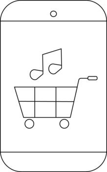 A shopping cart with a music note inside a smartphone screen outline with speaker vector