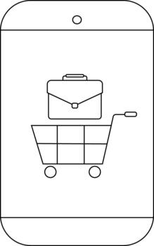A shopping cart containing a briefcase displayed on a cellphone screen vector