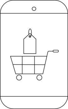 A line drawing of a smartphone screen displaying a shopping cart and a tag above it vector