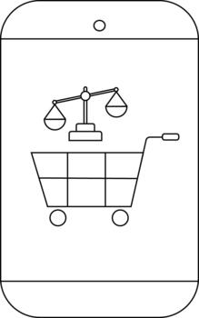 The image shows a shopping cart and scales of justice displayed on a smartphone screen vector