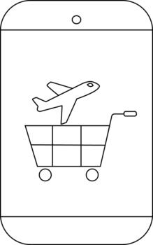 Plane in shopping cart on phone button above rounded rectangle frame vector