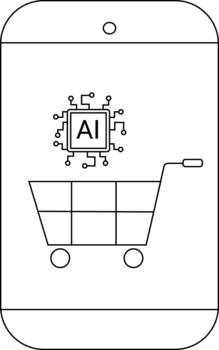Smartphone displays AI microchip above a shopping cart both outlined in black vector