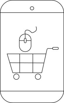 A smartphone screen displays a mouse above a shopping cart both in outline vector