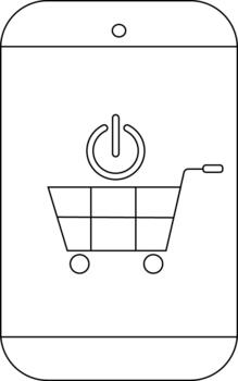 A smartphone displays a shopping cart icon complete with wheels handle and power button vector