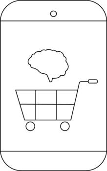 A simple line drawing showing a smartphone screen with a brain above a shopping cart icon vector