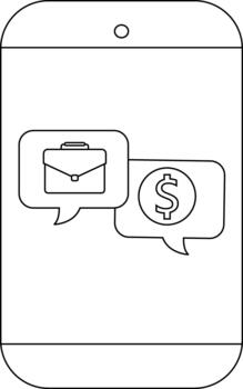 Line drawing of a smartphone with a briefcase and dollar sign in speech bubbles on the screen vector