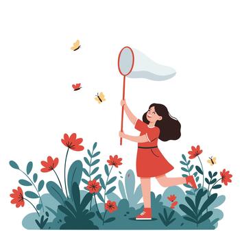 Girl catching butterflies in colorful flower garden during playful spring day with net and joyful expression vector