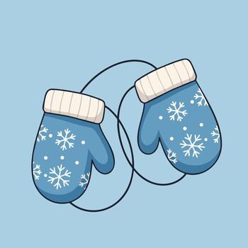 Blue winter mittens with snowflakes and a string connecting them for a cozy illustration vector