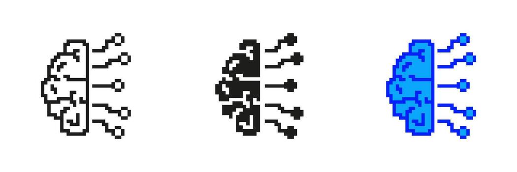 Pixelated Brain with Circuits Icons. Artificial Intelligence and Neural Network Symbol. AI Technology with Circuit Elements Design. Isolated Illustration vector