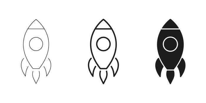 Rocket Launch In Line, Outline, Glyph Icon Set. Space Exploration, Innovation, And Startup Growth Symbol Collection. Futuristic And Technological Advancement. Isolated Illustration vector