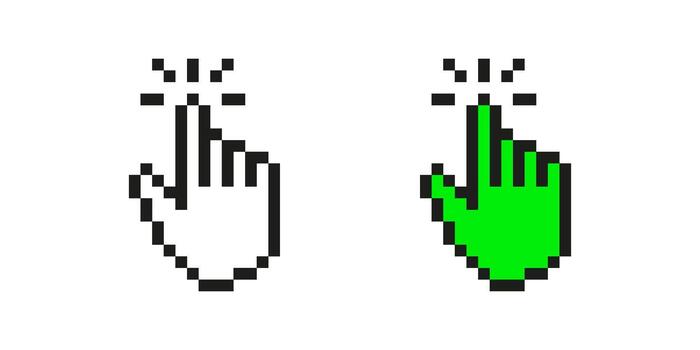 Pixel Art Hand Cursor Icons Set. Interactive Click And Selection Symbol Collection. Black And Green Pixelated Hands With Click Effect. Isolated Illustration vector