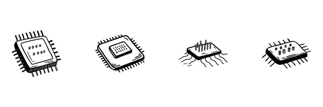 Microchip And Processor Doodle Sketch Set. Semiconductor Technology And Circuit Design In Hand Drawn Style Collection. Electronic Components And Computing Hardware. Isolated Illustration vector