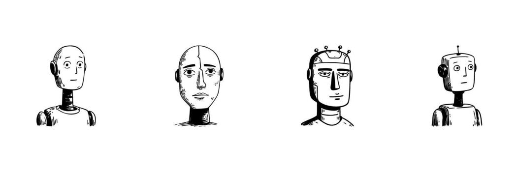 Robotic Faces Doodle Sketch Set. Artificial Intelligence And Robotics In Hand Drawn Style Collection. Futuristic Technology And Machine Learning Concepts. Isolated Illustration vector