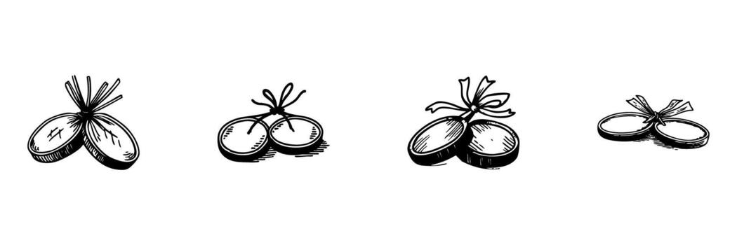 dos monedas atado con cuerda garabatear bosquejo colocar. financiero seguridad, ahorros, y riqueza simbolismo en mano dibujado estilo recopilación. económico prosperidad. aislado ilustración vector