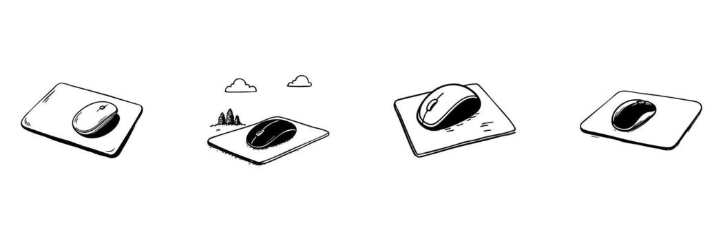 Computer Mouse On Mousepad Doodle Sketch Set. Digital Navigation And Office Productivity Tools In Hand Drawn Style Collection. Technology And Workspace Essentials. Isolated Illustration vector