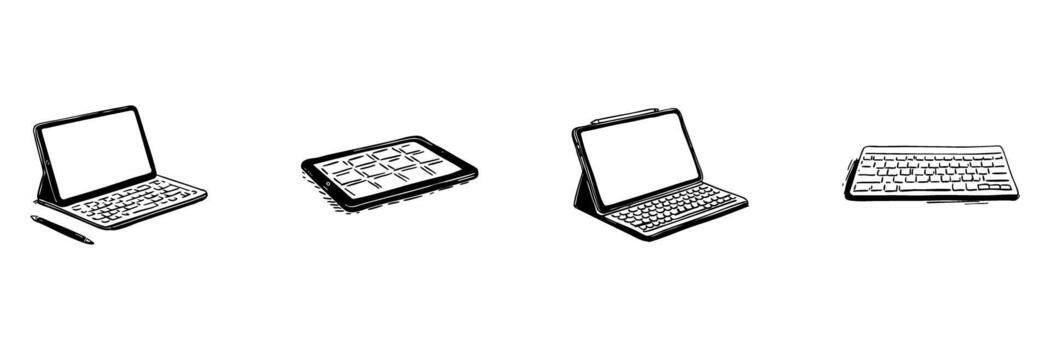 Tablet And Keyboard Doodle Sketch Set. Digital Devices And Accessories In Hand Drawn Style Collection. Technology And Productivity Tools. Isolated Illustration vector