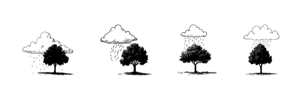 árbol y lluvia nube garabatear bosquejo colocar. clima patrones y naturaleza agua ciclo en mano dibujado estilo recopilación. ambiental y ecológico concepto. aislado ilustración vector