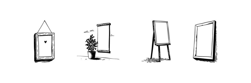 Framed Art And Display Elements Doodle Sketch Set. Creative Expression And Interior Design In Hand Drawn Style Collection. Hanging Frame, Window, Easel, Empty Frame. Isolated Illustration vector