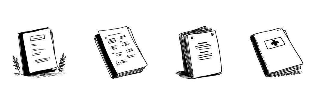 Stack Of Documents And Medical Book Doodle Sketch Set. Office Paperwork, Reports, And Healthcare Records In Hand Drawn Style Collection. Educational And Professional Use. Isolated Illustration vector