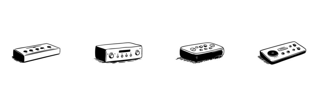 Remote Control And Audio Equipment Doodle Sketch Set. Home Entertainment And Device Management In Hand Drawn Style Collection. Vintage Electronics And Control Interfaces. Isolated Illustration vector