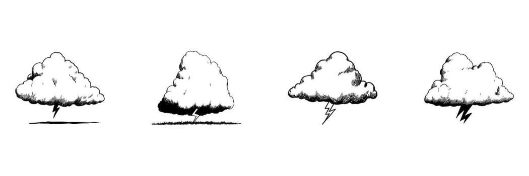 nubes con relámpago garabatear bosquejo colocar. clima fenómenos y tormenta simbolismo en mano dibujado estilo recopilación. atmosférico condiciones y tormenta ilustración. aislado ilustración vector