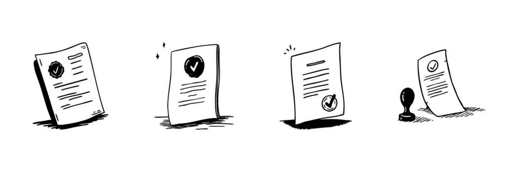 Approved Document Doodle Sketch Set. Certification, Validation, And Official Approval In Hand Drawn Style Collection. Legal And Business Documentation. Hand Drawn Isolated Illustration vector