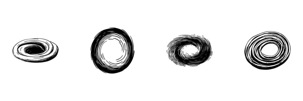 Abstract Circular Brush Stroke Doodle Sketch Set. Artistic Swirl And Spiral Patterns In Hand Drawn Style Collection. Creative Design Elements For Backgrounds And Textures. Isolated Illustration vector