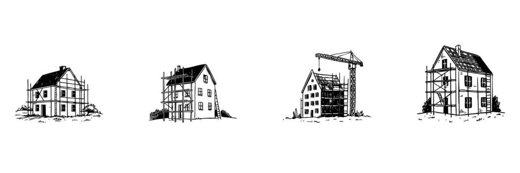 House Construction And Renovation Doodle Sketch Set. Building Development And Architectural Progress In Hand Drawn Style Collection. Scaffolding And Crane Elements. Isolated Illustration vector