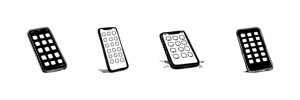 Smartphone Doodle Sketch Set. Mobile Technology And Communication Devices In Hand Drawn Style Collection. Digital Connectivity And App Interface. Isolated Illustration vector