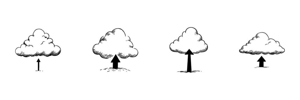 Cloud Upload Doodle Sketch Set. Data Storage And File Transfer In Hand Drawn Style Collection. Cloud Computing And Digital Backup Concept. Isolated Illustration vector