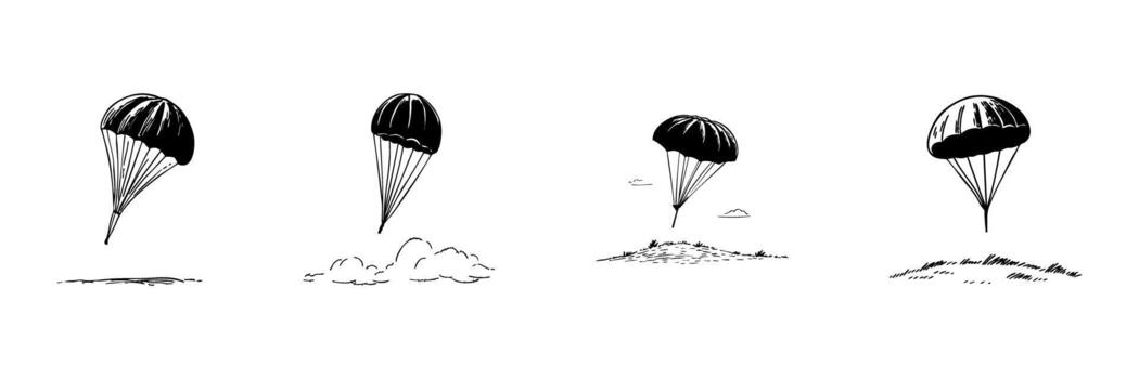 Parachute Landing Sequence Doodle Sketch Set. Airborne Descent And Safe Landing Process In Hand Drawn Style Collection. Parachuting And Skydiving Illustration. Isolated Illustration vector