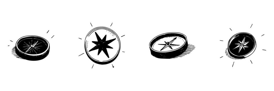 Compass Doodle Sketch Set. Navigation, Exploration, And Direction Finding In Hand Drawn Style Collection. Adventure And Travel Guidance. Hand Drawn Isolated Illustration vector
