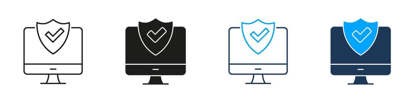 computadora con proteger y marca de verificación línea y sólido icono colocar. la seguridad cibernética, datos proteccion, y seguro informática símbolo recopilación. digital la seguridad garantía. aislado ilustración vector