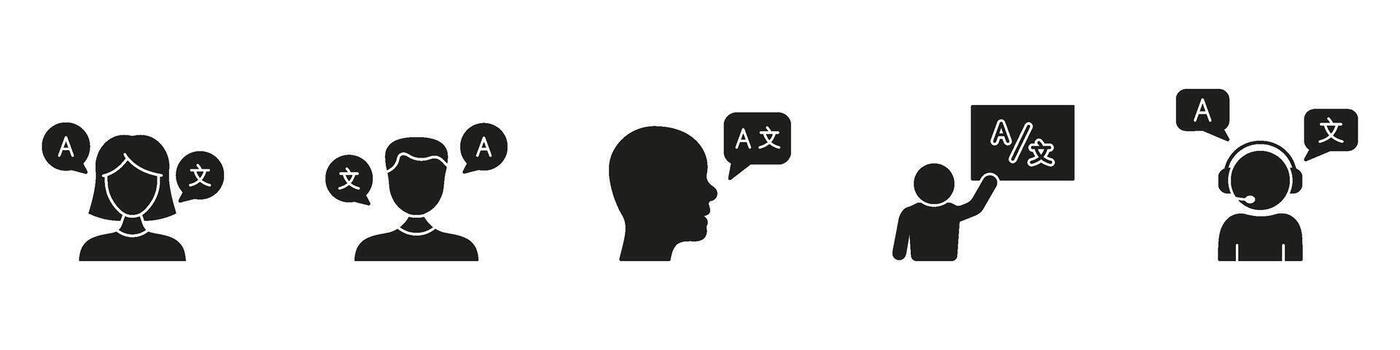 Communication and Language Learning Silhouette Icon Set. Includes Speaking, Thinking, Teaching, and Support Dialogues Solid Symbol Collection. Isolated Illustration vector