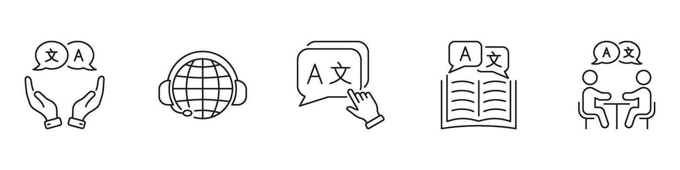 idioma Traducción y comunicación icono colocar. plurilingüe apoyo, global comunicación, y idioma aprendizaje contorno símbolo recopilación. editable ataque. aislado ilustración vector
