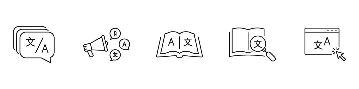 Language and Translation Line Icon Set. Speech, Dictionary, and Web Outline Symbols for Learning and Communication. Editable Stroke. Isolated Illustration vector