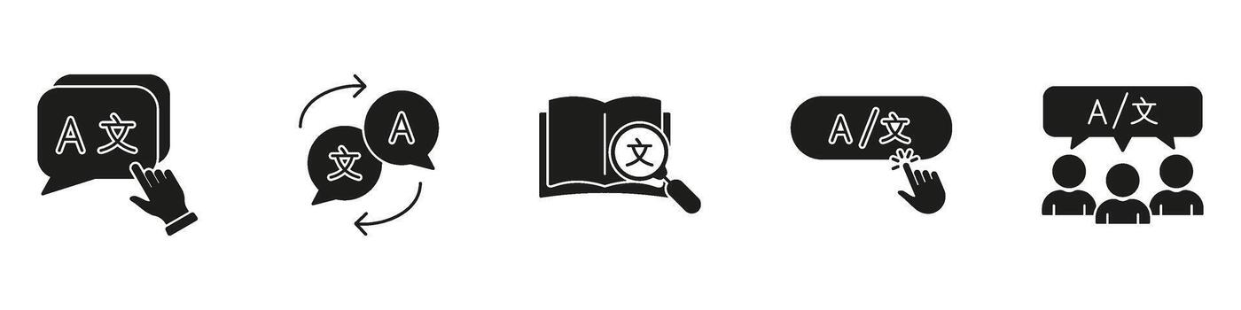 Digital Language and Translation Silhouette Icon Set. Includes Text Recognition, Book Search, Word Swap, and Group Learning Solid Symbol Collection. Isolated Illustration vector