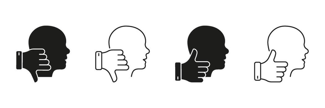 Head With Thumbs Up And Down Line And Solid Icon Set. Decision Making, Approval, And Disapproval Silhouette Symbol Collection. Feedback And Evaluation Concept. Isolated Illustration vector