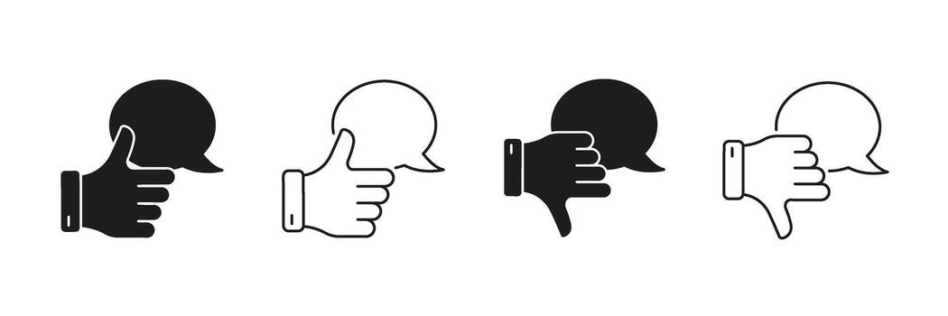 pulgares arriba y abajo con habla burbuja línea y sólido icono colocar. realimentación y opinión expresión símbolo recopilación. comunicación y usuario interacción. aislado ilustración vector