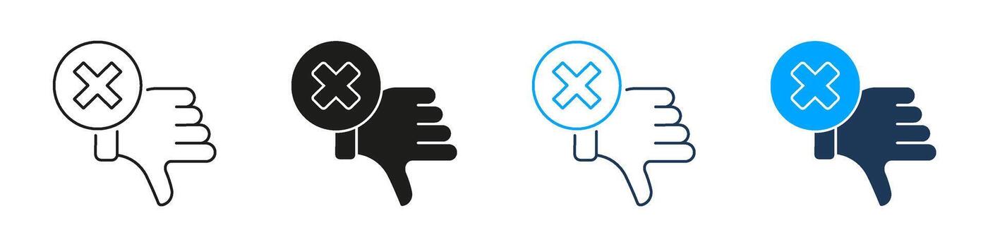 Thumbs Down With Cross Line And Solid Icon Set. Negative Feedback, Disapproval, And Rejection Symbol Collection. User Experience And Rating Concept. Isolated Illustration vector