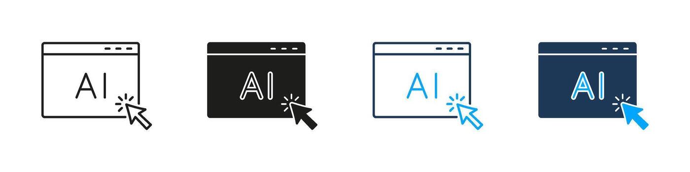 ai navegador ventana con cursor línea y sólido icono colocar. artificial inteligencia interfaz hacer clic símbolo recopilación. aislado ilustración vector