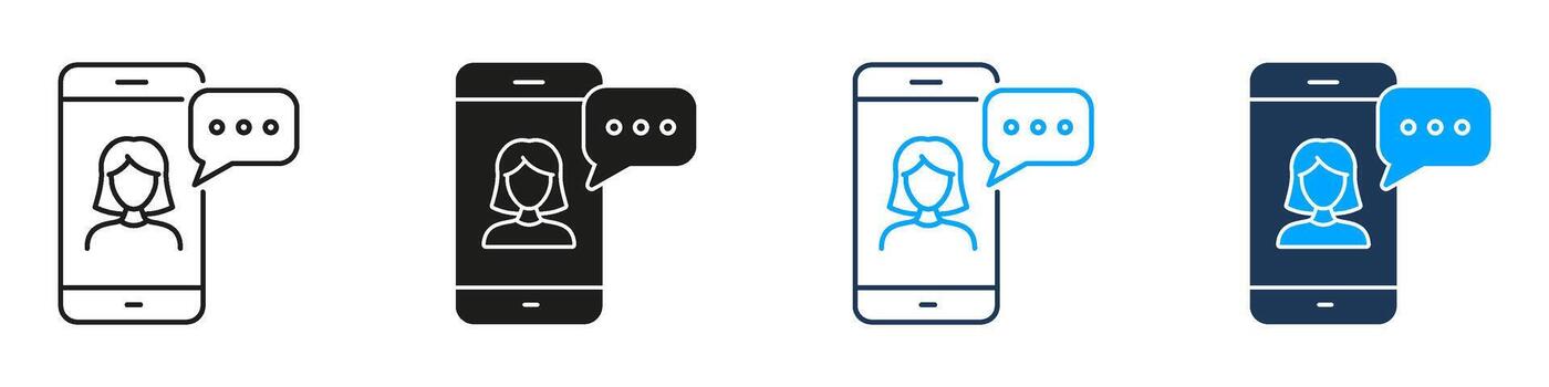 Smartphone Chat With Female Avatar Messaging Line and Solid Icon Set. Mobile Communication User Profile Symbol Collection. Isolated Illustration vector