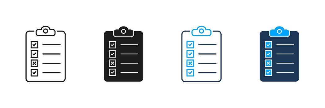 Lista de Verificación portapapeles línea y sólido icono colocar. tarea gestión, que hacer lista, y productividad símbolo recopilación. organizativo y planificación herramienta. aislado ilustración vector